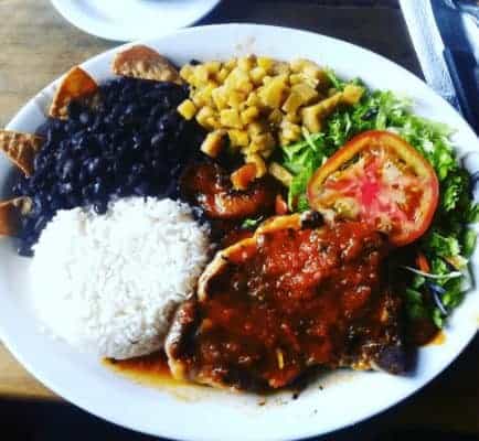 A meal made of meat, bananas, tortillas, white rice, gardener salad, and other vegetables nicely served on a plate. | brought to you by specialplacesofcostarica.com